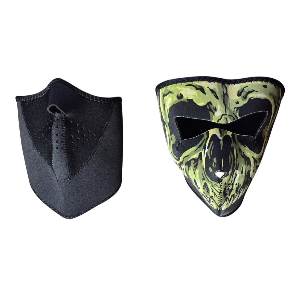 Lot of 2 ZANheadgear Neoprene Face Masks Black Half Mask & Green Skull Full Mask